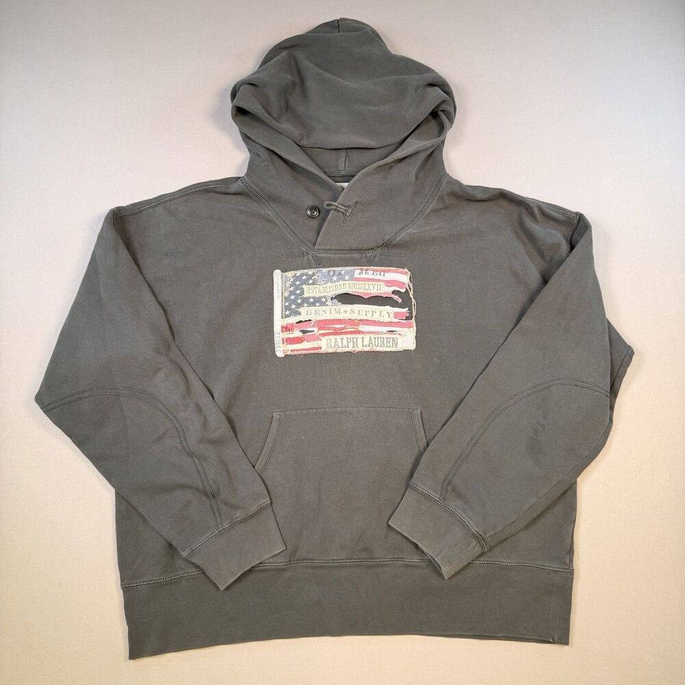 VTG 90s Denim Supply Ralph Lauren Fleece Hoodie Men’s XXL Grey American Flag